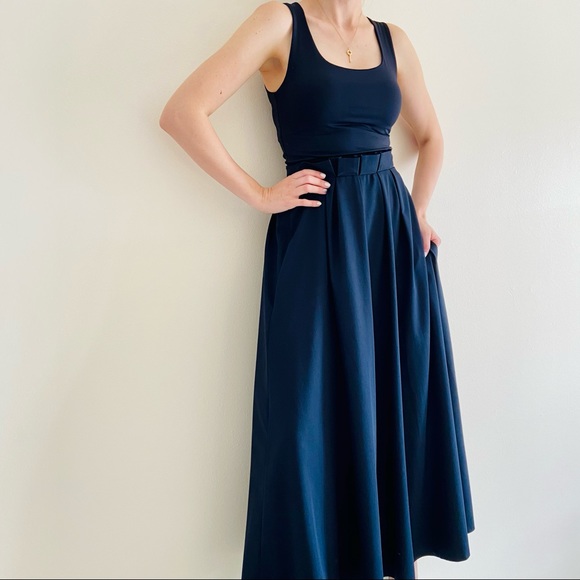 Vintage Dresses & Skirts - Vintage Navy blue maxi pleated waist maxi skirt with pockets wool blend